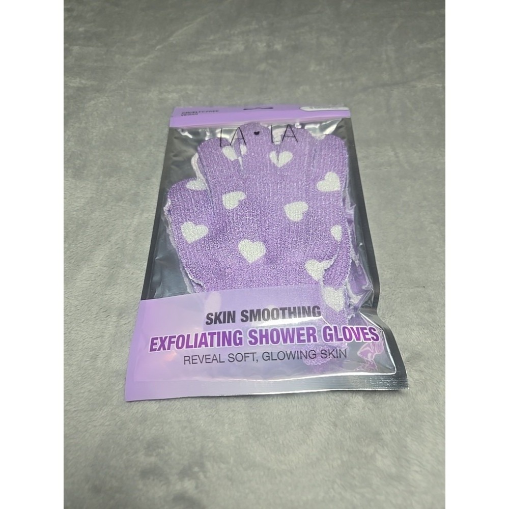 LA.LA Skin Smoothing Exfoliating Shower Gloves Purple Hearts 2Pairs New/Sealed
